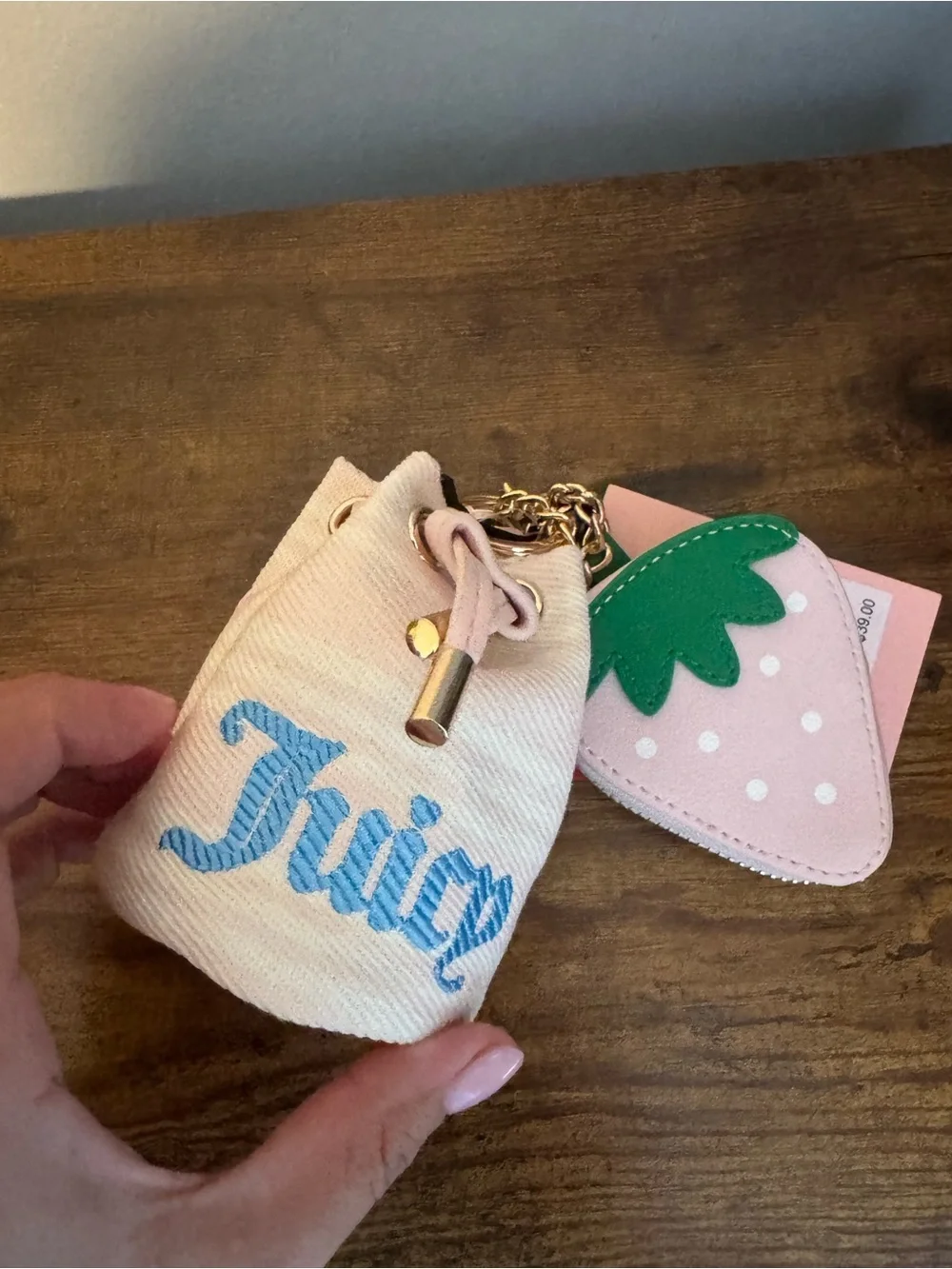 Juicy Couture Pink Strawberry Charm Keychain with Green Leaf